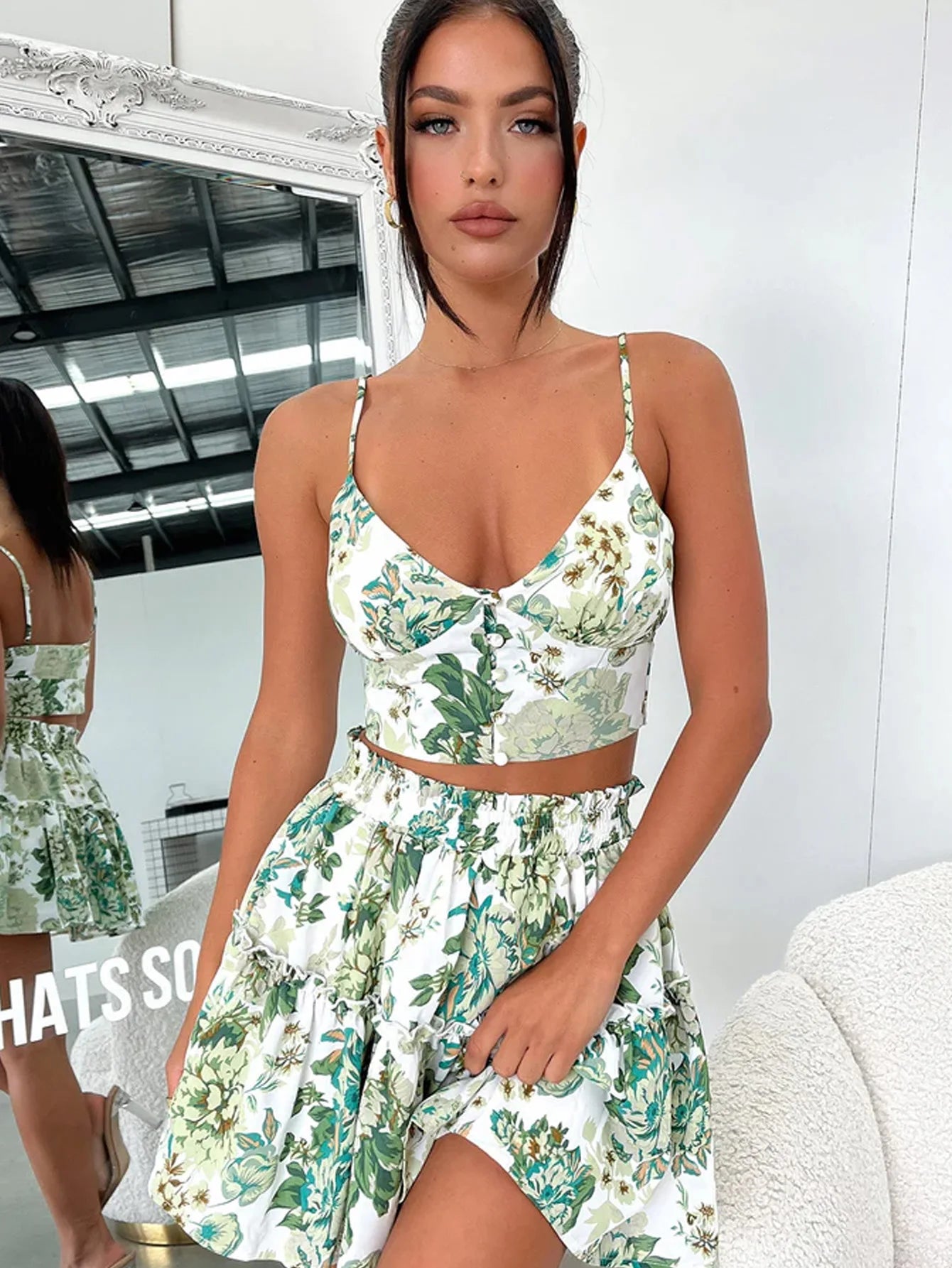 Women's Floral Cami Top And Ruffle Hem Skirt 2pcs Set，back to school，wedding guest dress women