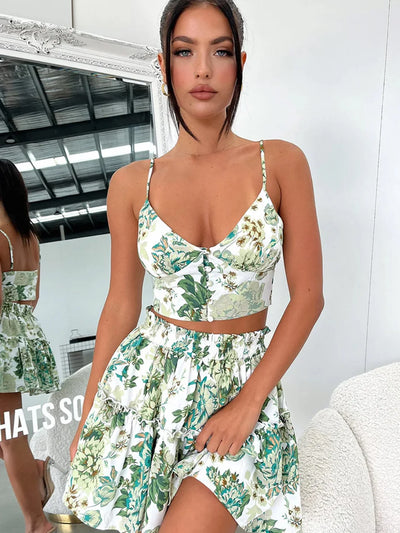 Women's Floral Cami Top And Ruffle Hem Skirt 2pcs Set，back to school，wedding guest dress women