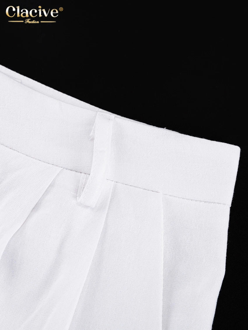 Clacive Summer White Linen Two Piece Set For Women 2023 Fashion Sleeveless Tank Top New In Matching High Waist Wide Pants Set