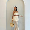 HLJ Casual Crochet Knit Women 2 Piece Outfits Strapless Bandeau Crop Top + Tassel Mesh Wide Leg Pants Matching Streetwear Summer