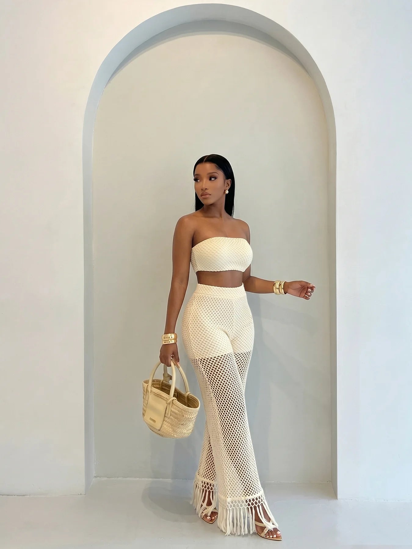HLJ Casual Crochet Knit Women 2 Piece Outfits Strapless Bandeau Crop Top + Tassel Mesh Wide Leg Pants Matching Streetwear Summer