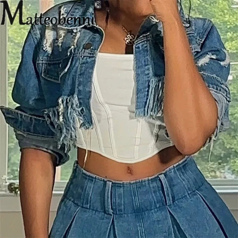 Fashion Zerissene Löcher Langarm Kurze Jeansjacke Damen Trend Streetwear Freizeit Oberbekleidung Damen Doppelknopf Splicing Mantel