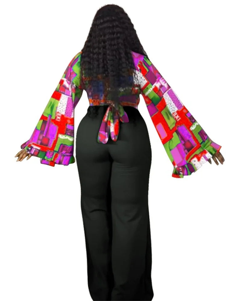 Wmstar Plus Size Two Piece Sets Wholesale Long Sleeve Print Top and Wide Leg Pants Matching Suit Fall Clothing Dropshopping
