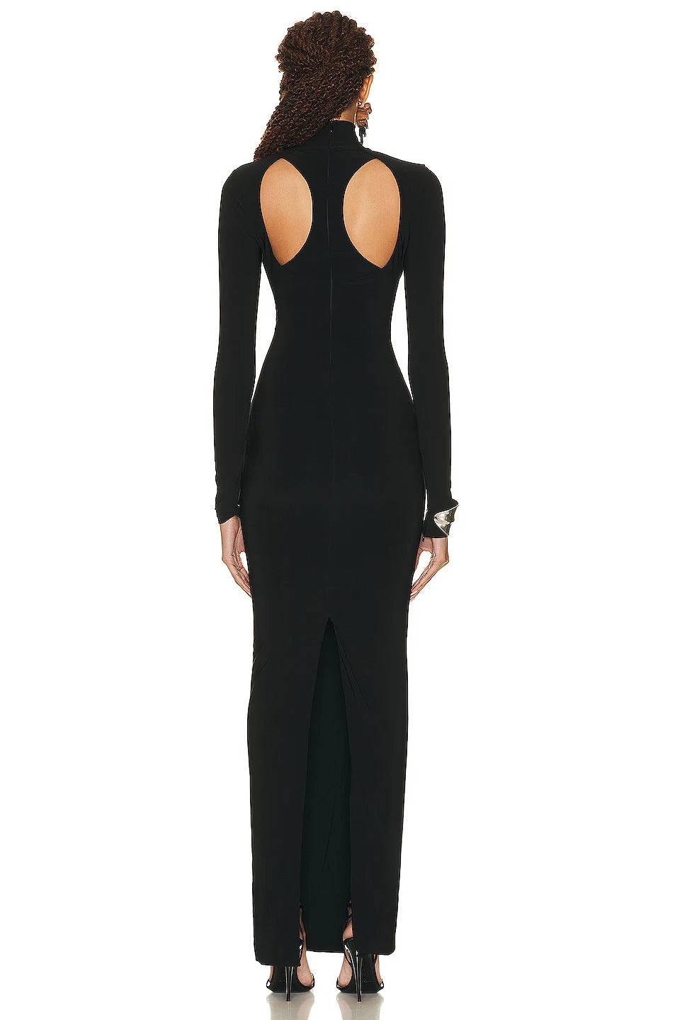 Damen Herbst Stretch-Bandage Aushöhlung Langarm Slim Maxi Schwarz Rückenfrei Bodycon Mode Clubs Celebrity Party Kleider