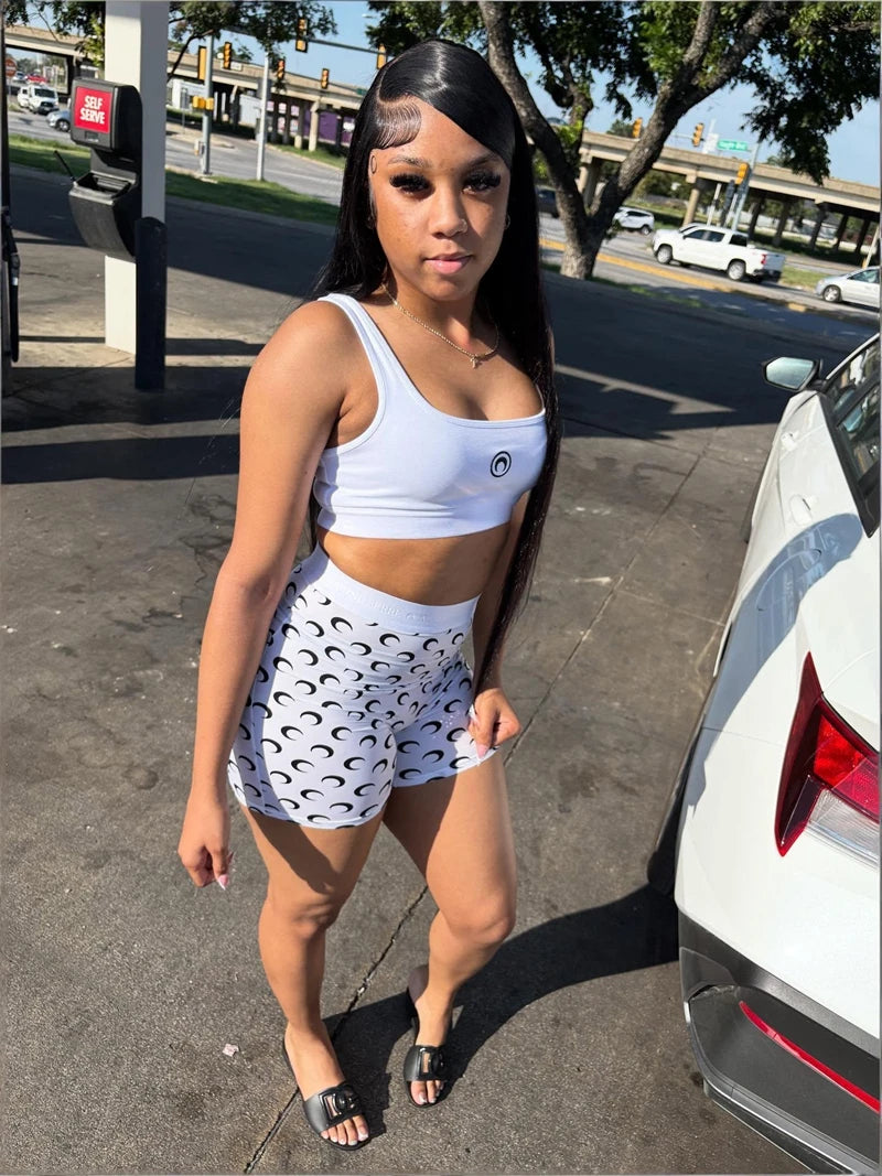 Summer Women Crop Top Shorts Set 2 Piece Sleeveless Moon Printed Sports Club Party Cexy Street Outfit