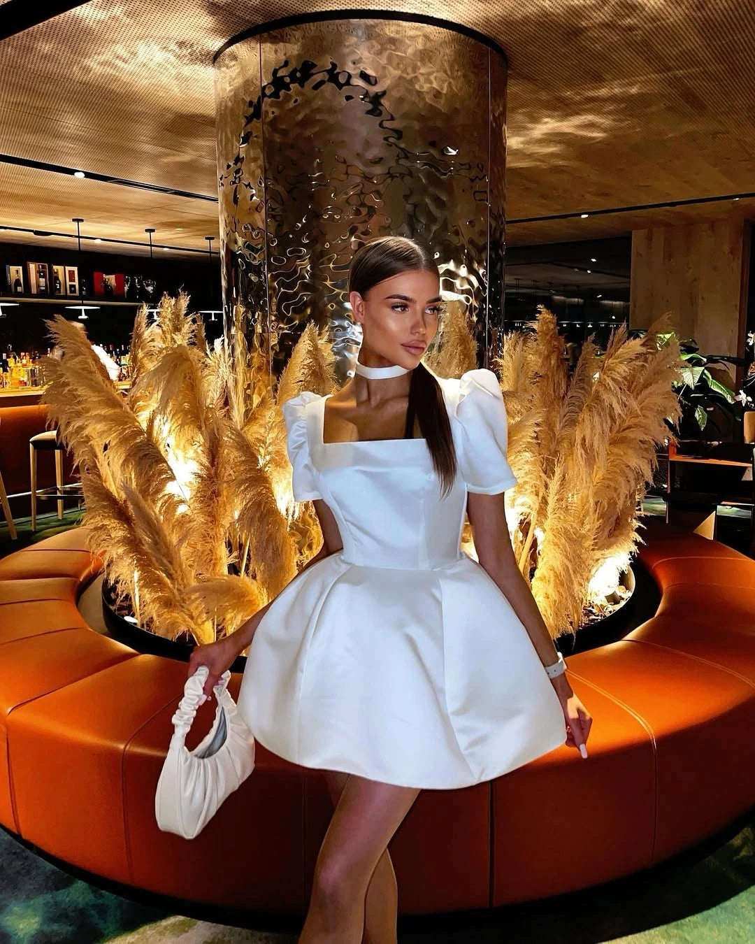 Booma Short Wedding Party Dresses Short Puff Sleeves A-Line Brides Prom Dress for Women Above Knee Bridals Gown Customized