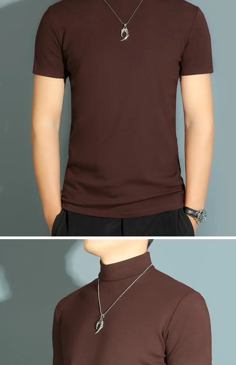 Men's Modal High Neck Short Sleeve T-Shirt Bottoming Shirt Silk Model Golf Wear Luxury Clothing Men's T-Shirt Bottoming Shirt