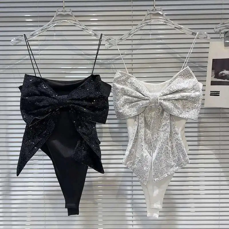 DEAT Sequin Big Bow Jumpsuit Suspender Vest For Women 2024 Summer New Fashion Celebrity Solid Color Camisole Female 11XX9197