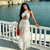 Sexy Polka Dot See through Beach Dress with Neck Hanging Long Polyester Blend Fabric Swimwear Cover up Irregular Hemline