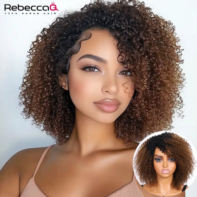 Ombre Braun Kurze Afro Krauser Lockiger Bob Perücken Für Frauen Brasilianisches Echthaar Perücken Highlight Echthaar Perücke Mit Pony 180% Dichte