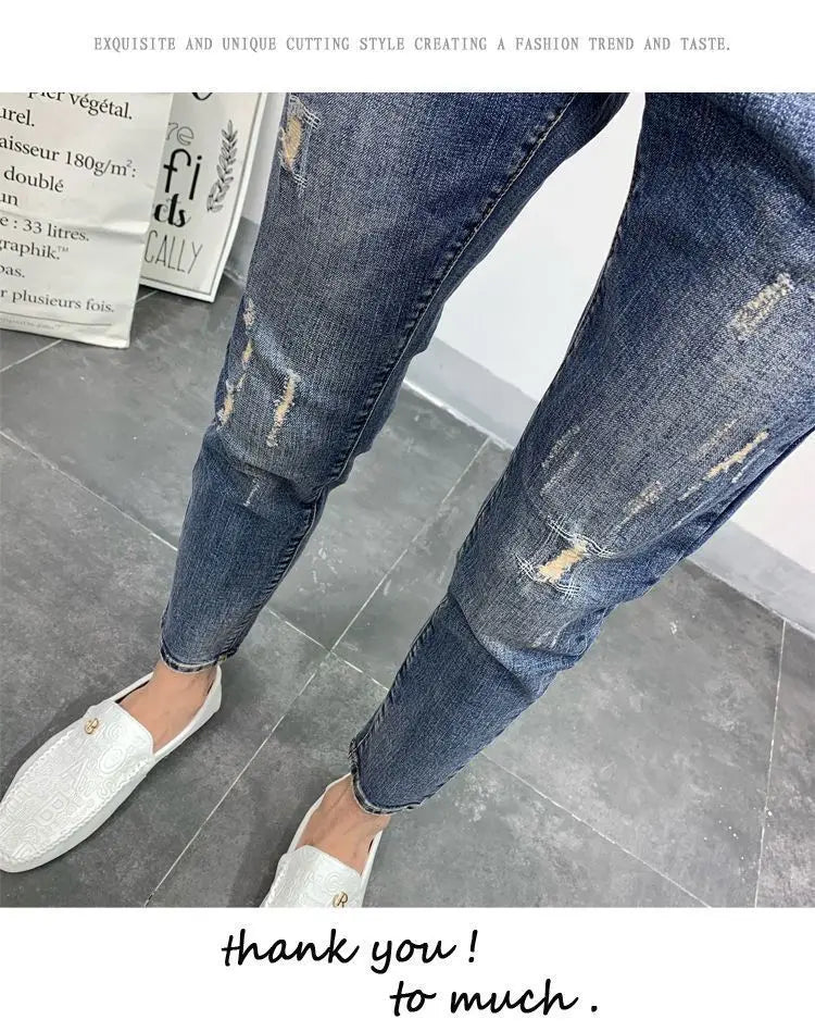 Men's Korean Style Classic Jeans 2023 New Blue Ripped Jeans for Men Fashion Trendy Summer Skinny Ripped Hole Cargo Trousers