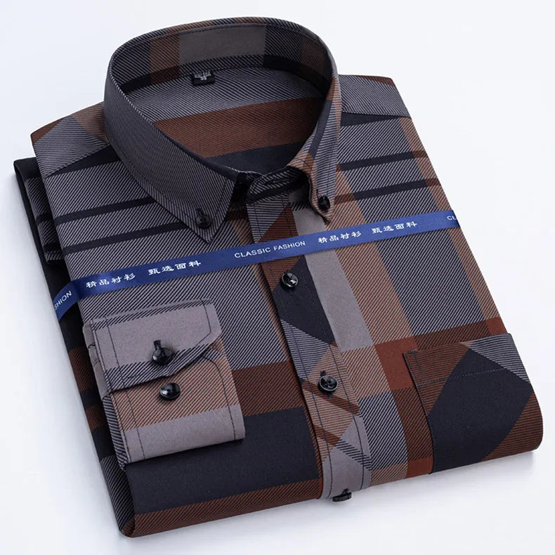 Men's Print Shirt Autumn Spring Long Sleeve Thin Non Iron Fashion Business Causal Social Anti-wrinkle Plaid Slim Fit Chemise Hom