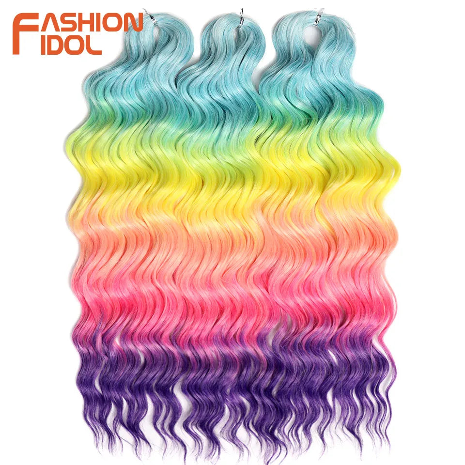 FASHION IDOL 24-Zoll Häkelhaar Synthetische Wasserwelle Flechthaarverlängerungen Ombré Regenbogenfarbe Kunsthaar Deep Wave Lockenhaar