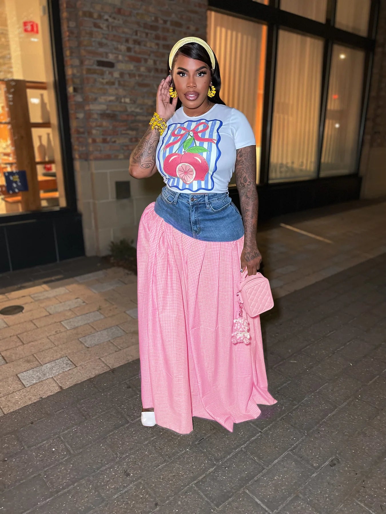 Streetwear Patchwork Jean Skirt Outfit Sexy Women Elegant Two Pieces Plaid Denim Club Matching Set Lady Casual Tracksuit