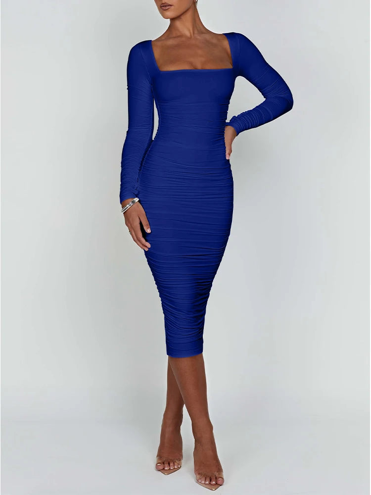 Herbst und Winter Damen Sexy Bodycon Kleid Quadratischer Ausschnitt Langarm Abendkleider für Damen