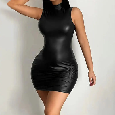 Party Bodycon PU-Leder Damenkleid einfarbig, sexy ärmellos, schmal, elastisch, Lederpaket, Hüft-T-Shirt, Mini-Kurzkleid