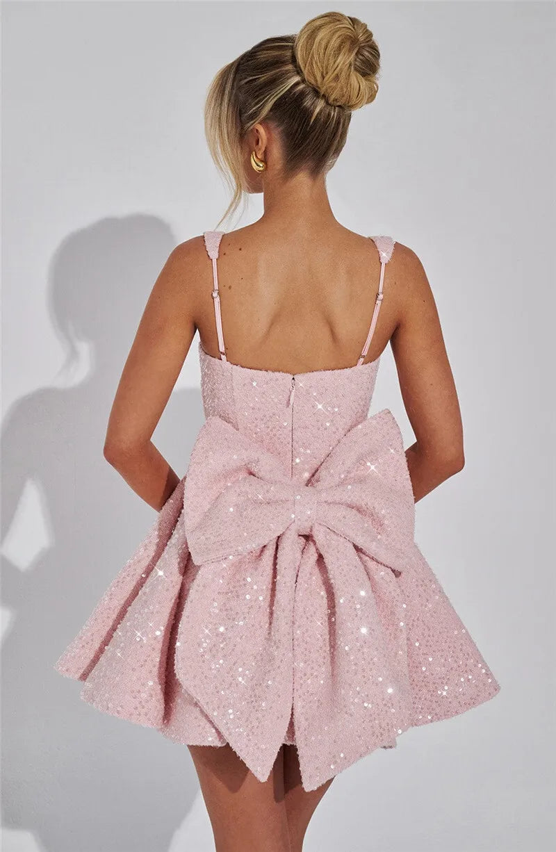 Mozision Pailletten-Kleid mit Schleife am Rücken, rückenfrei, sexy Mini-Kleid für Damen, modisches Etuikleid mit eckigem Ausschnitt, ärmellos, hohe Taille, A-Linie, Clubkleid