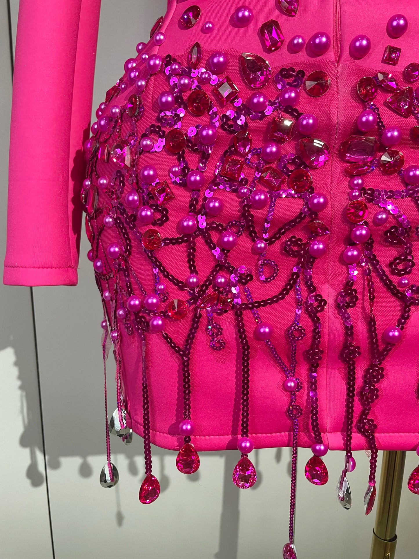 Glitzernde Kristallketten Perlen Langarm Minikleid 2025 Damen Geburtstag Abendparty Nachtclub Outfit Sängerin Hochzeitskostüm