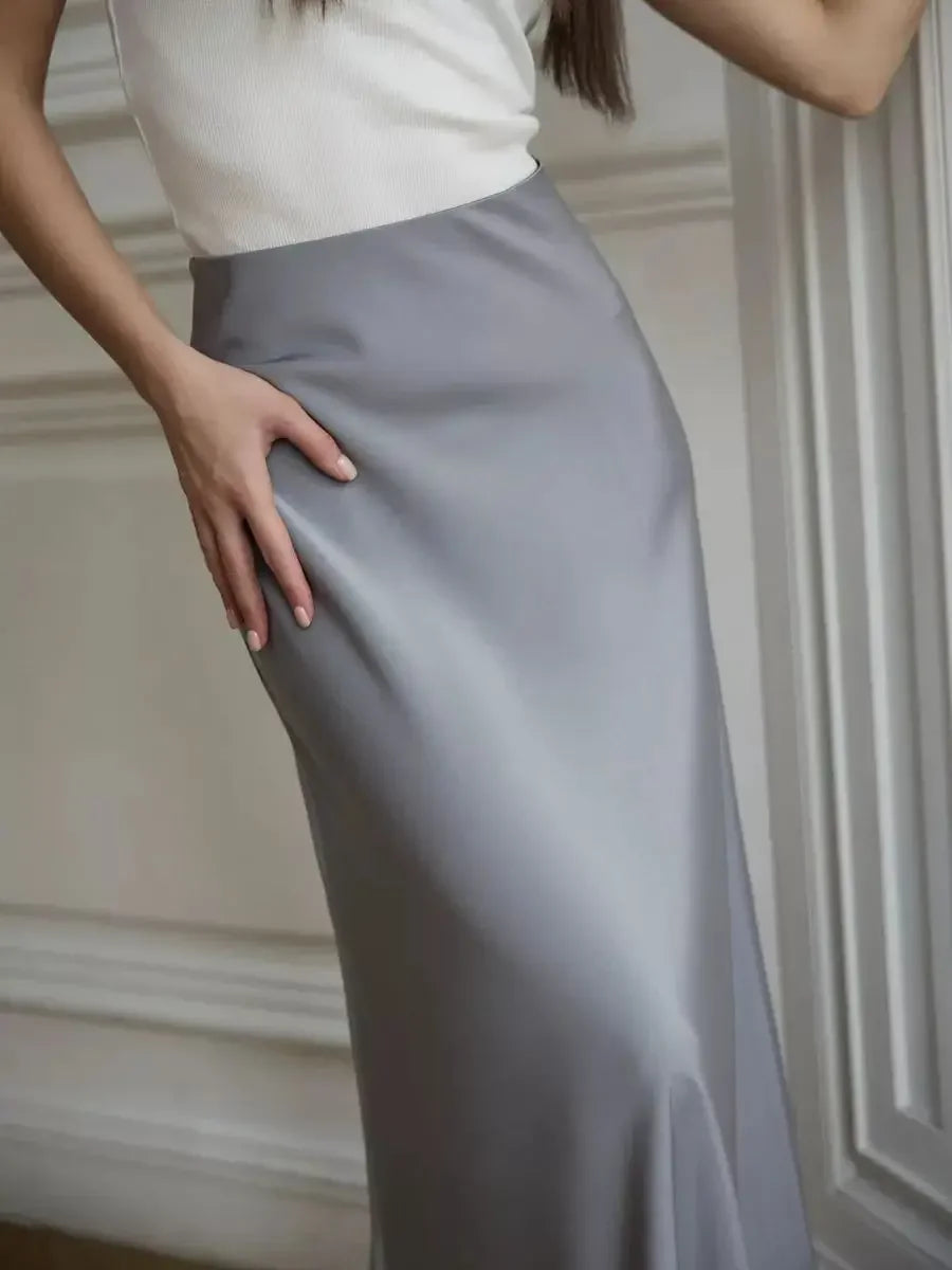 Wolfeel Freizeit Satin Damenrock Frühling Sommer Mode Locker Hoher Bund Maxi Röcke Elegant Einfacher Satin-Fischschwanzrock