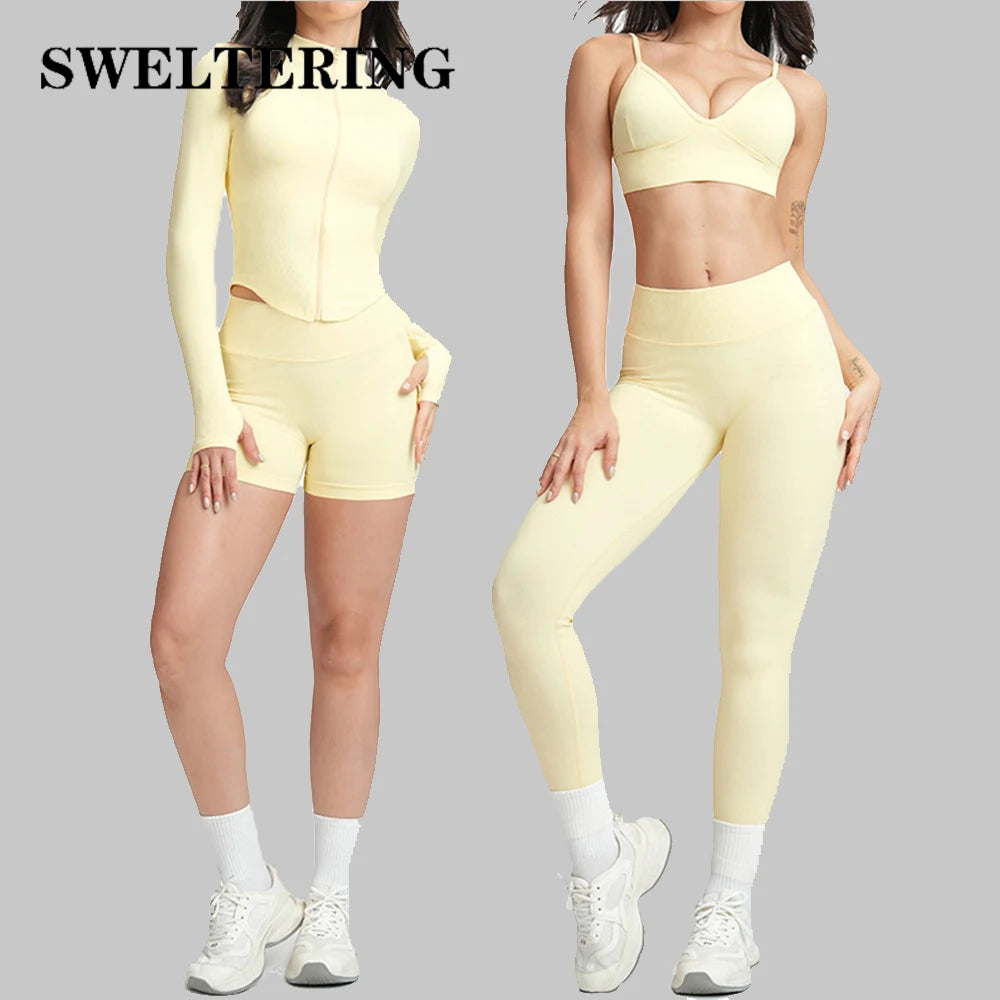 SWELTERING 2/3PCS Seamless Yoga Set Gym Clothes Sportswear Fitness Suits Women Workout Bra Crop Top Long Sleeve Sports Suits