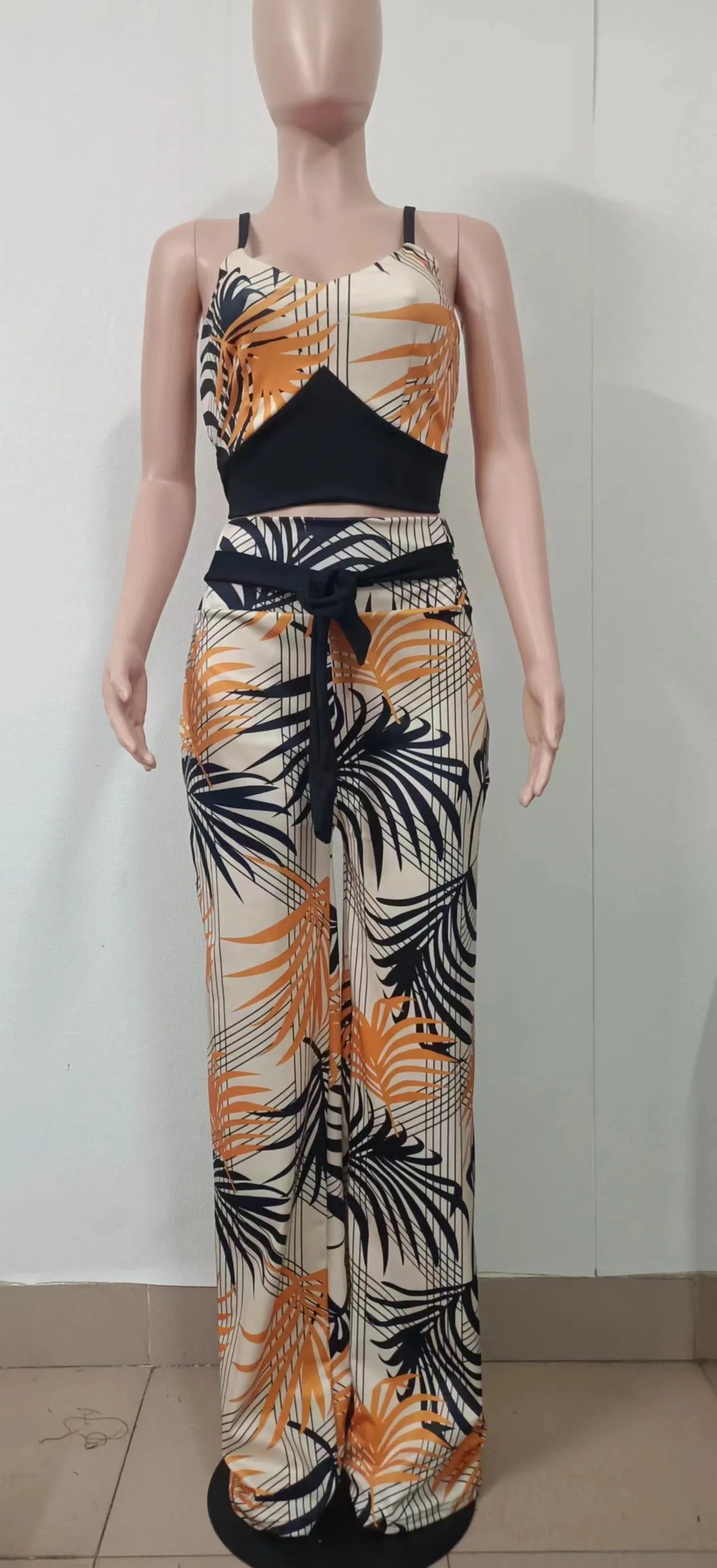 Women Fashion Print Halter V-Neck Short Tank Suit Tops Long Pants Matching Set Summer Casual Female Slim Pants Two Piece Sets