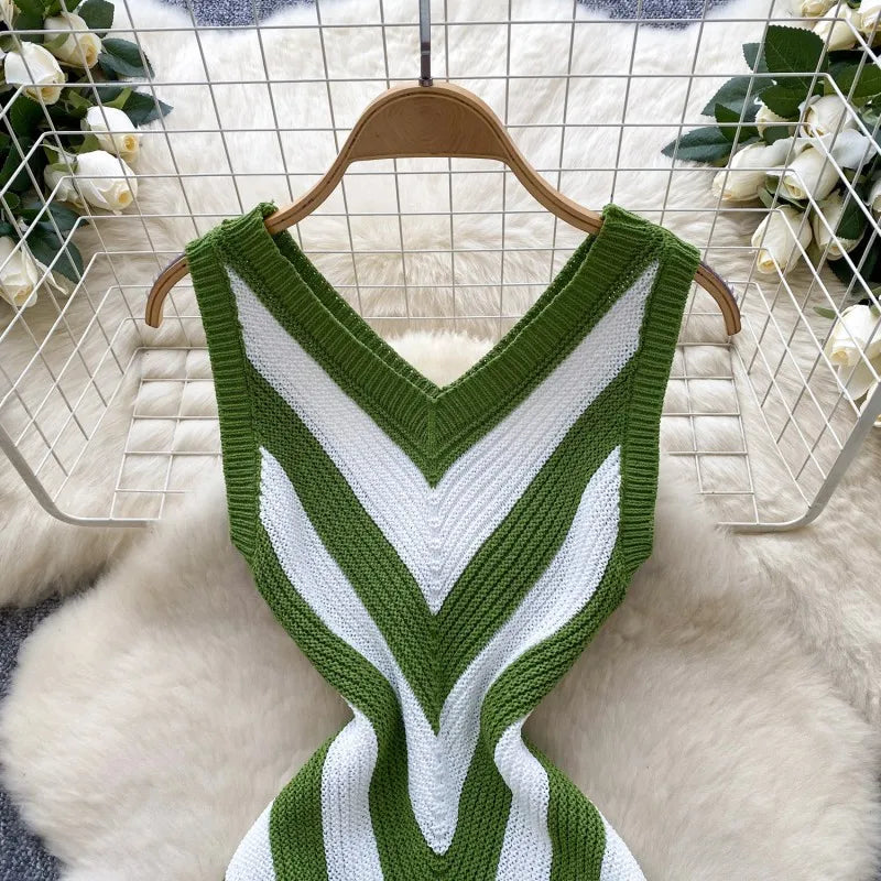 Joskaa 2025 Women's Striped Patchwork Knitted V-Neck Sleeveless Bodycon Asymmetric Fringe Hem Dress Holiday Beach Streetwear