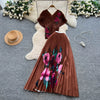Two Pieces Women Dress Sets Solid Matching Sets V Neck Printing Top High Waist Pleat Dress Loose Fit Casual 2025 Autumn Winter