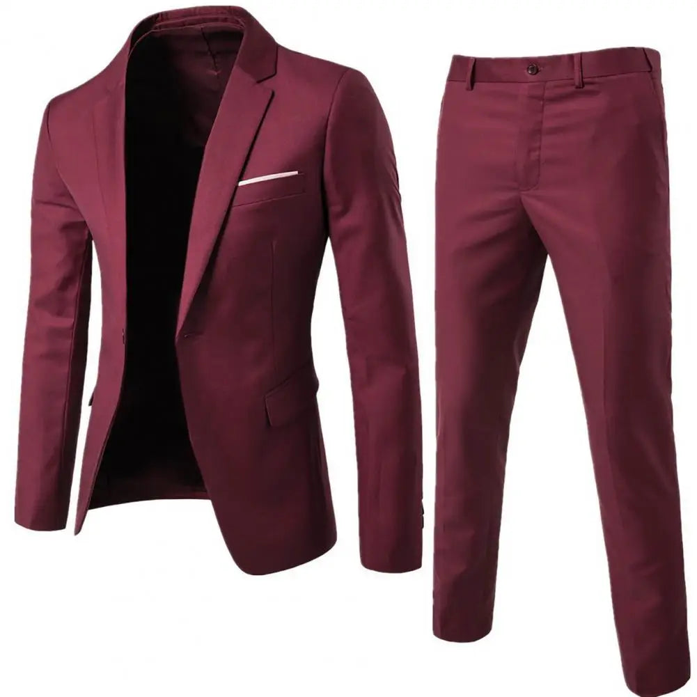 1 Set Stylish Formal Suit Temperament Men Pants Turndown Collar Pure Color One Button Suit Set Daily Wear