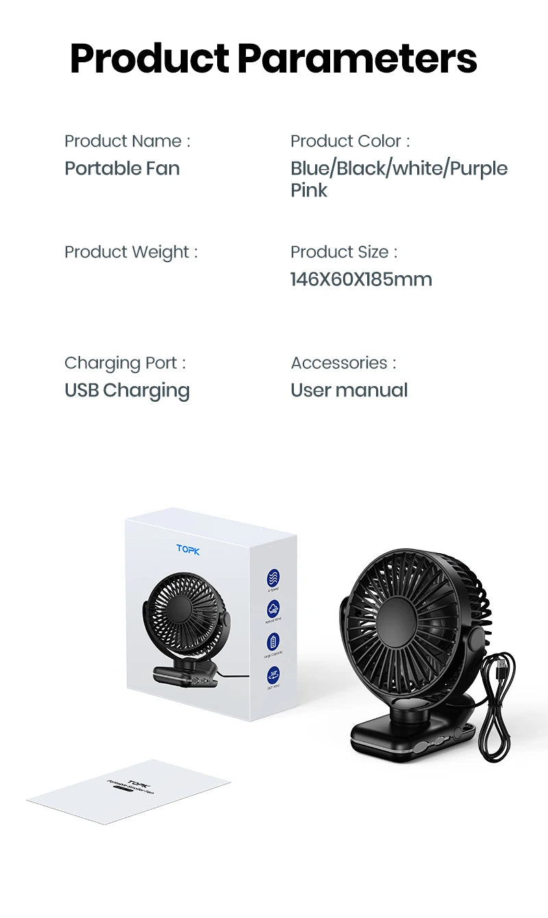 TOPK Mini Portable Clip on Fan,USB Desk Fan,3 Speeds Quiet Wind 720° Rotate Personal Electric Fan,Standing fans for Room Home