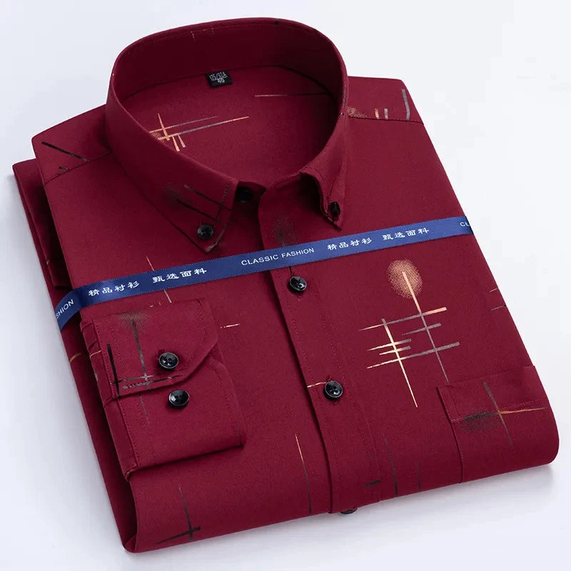 Men's Print Shirt Autumn Spring Long Sleeve Thin Non Iron Fashion Business Causal Social Anti-wrinkle Plaid Slim Fit Chemise Hom