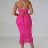 CM.YAYA Beach Knit See Though Women Two 2 Piece Set Outfits Halter Neck Crop Top and Tassel Midi Skirt Suit 2023 New Dress Set