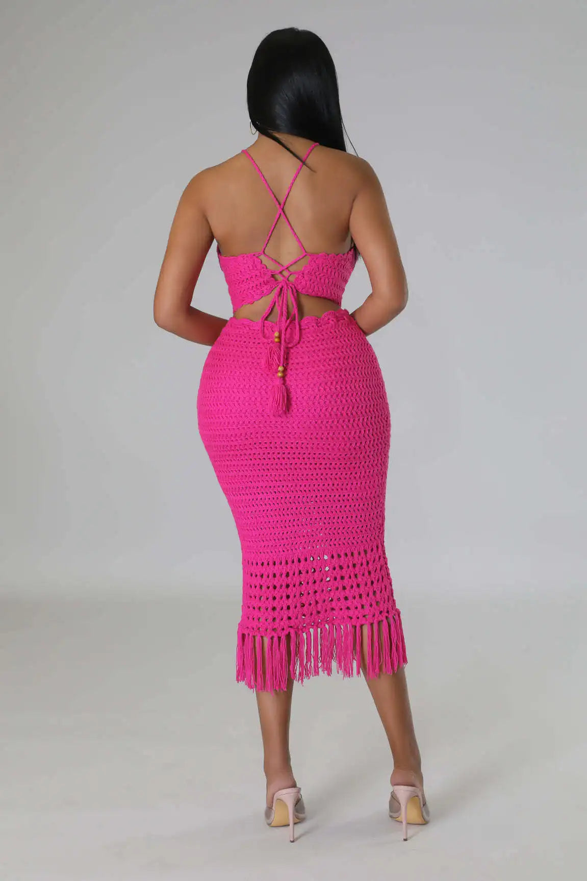 CM.YAYA Beach Knit See Though Women Two 2 Piece Set Outfits Halter Neck Crop Top and Tassel Midi Skirt Suit 2023 New Dress Set