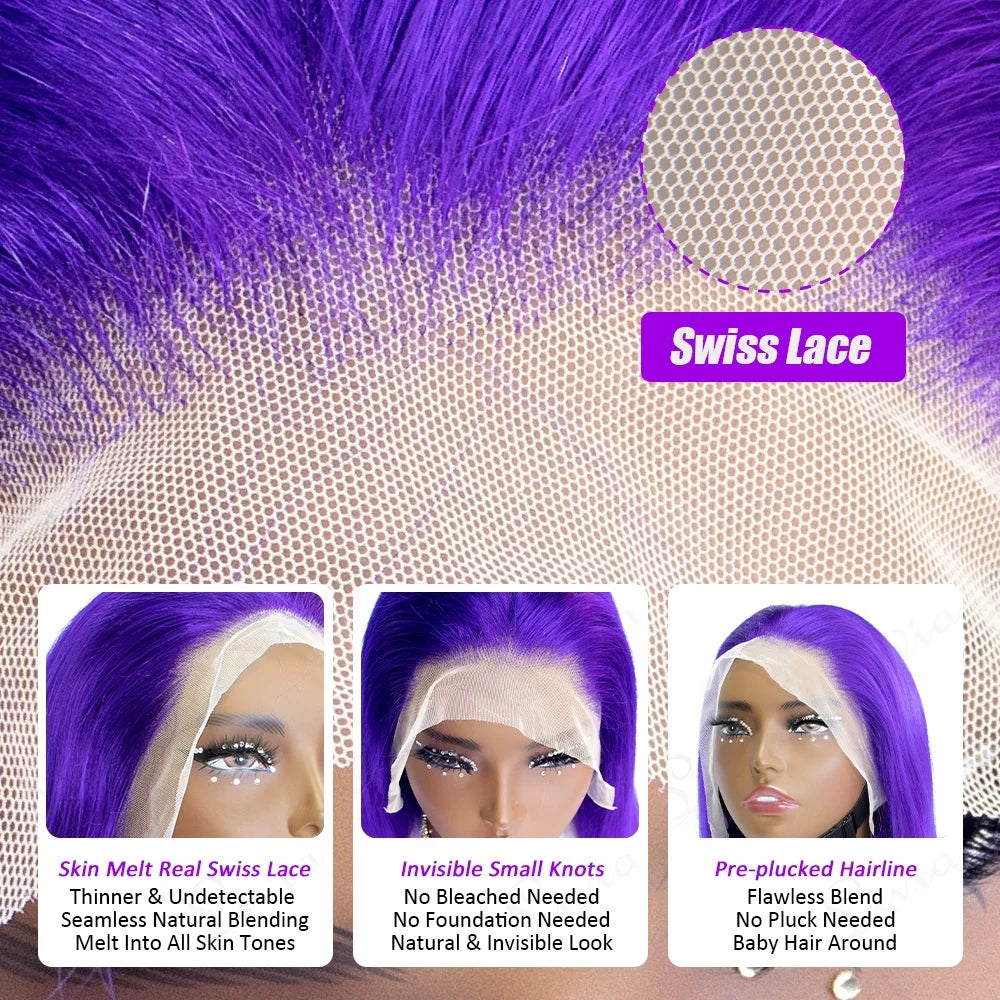 Purple Straight Bob Wigs Human Hair Preplucked Transparent Lace Frontal Wigs Brazilian 13x4 Short Bob Wigs 100% Human Hair Wigs