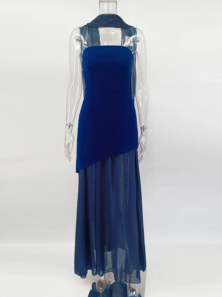 TARUXY Mode Trägerloses Kleid mit Band Frauen Elegantes Ärmelloses Mesh Strand Urlaub Langes Kleid Frühling 2025 Neues Damenkleid