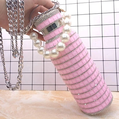 Glitzer-Strass-Thermosflasche mit Kette, vakuumisolierte Edelstahl-Trinkflasche, tragbarer Becher