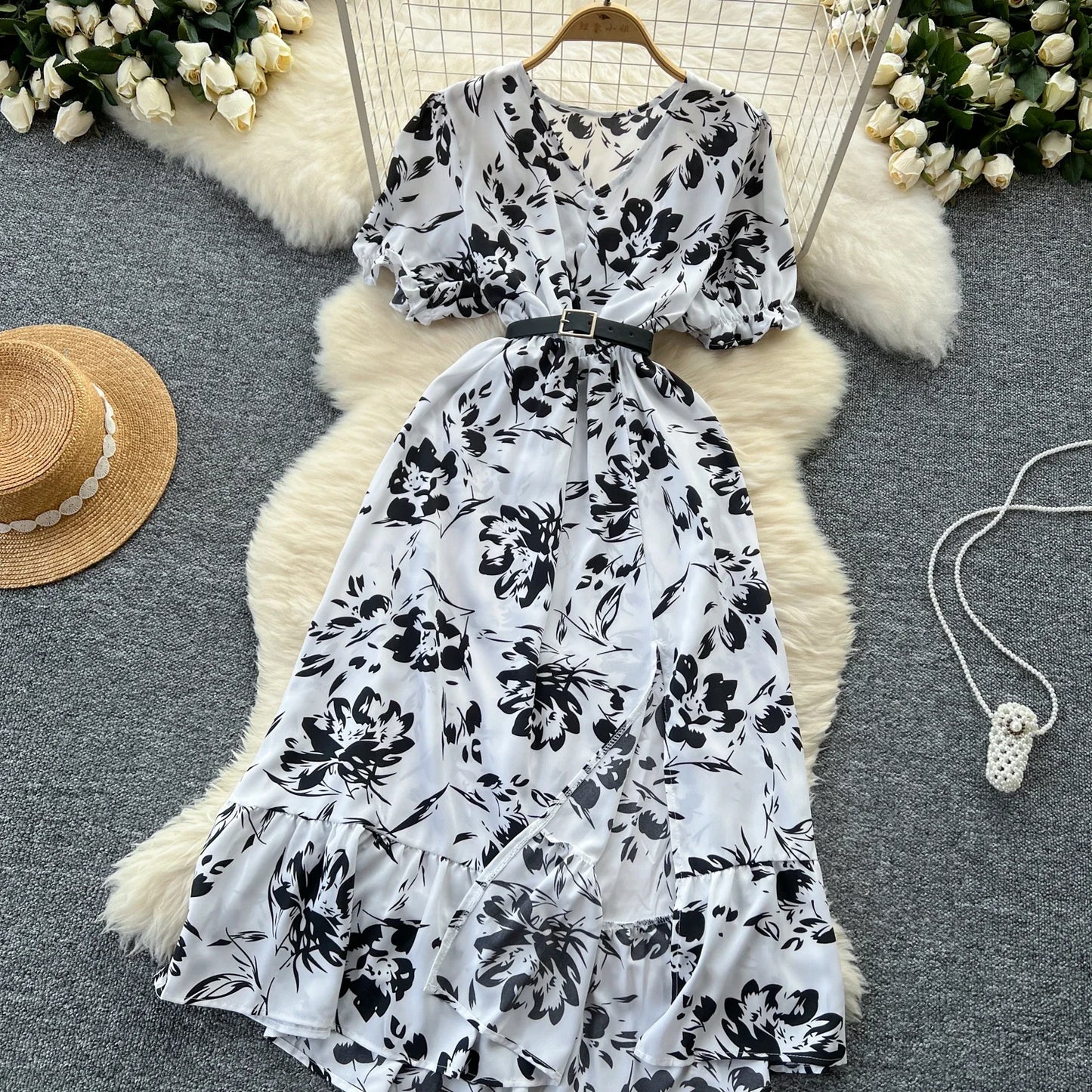 Sommer Plissiert Damen Knopfkleider Lässige Strandurlaub Kurzarm V-Ausschnitt Damen Midikleid Böhmische Mujer Vestidos