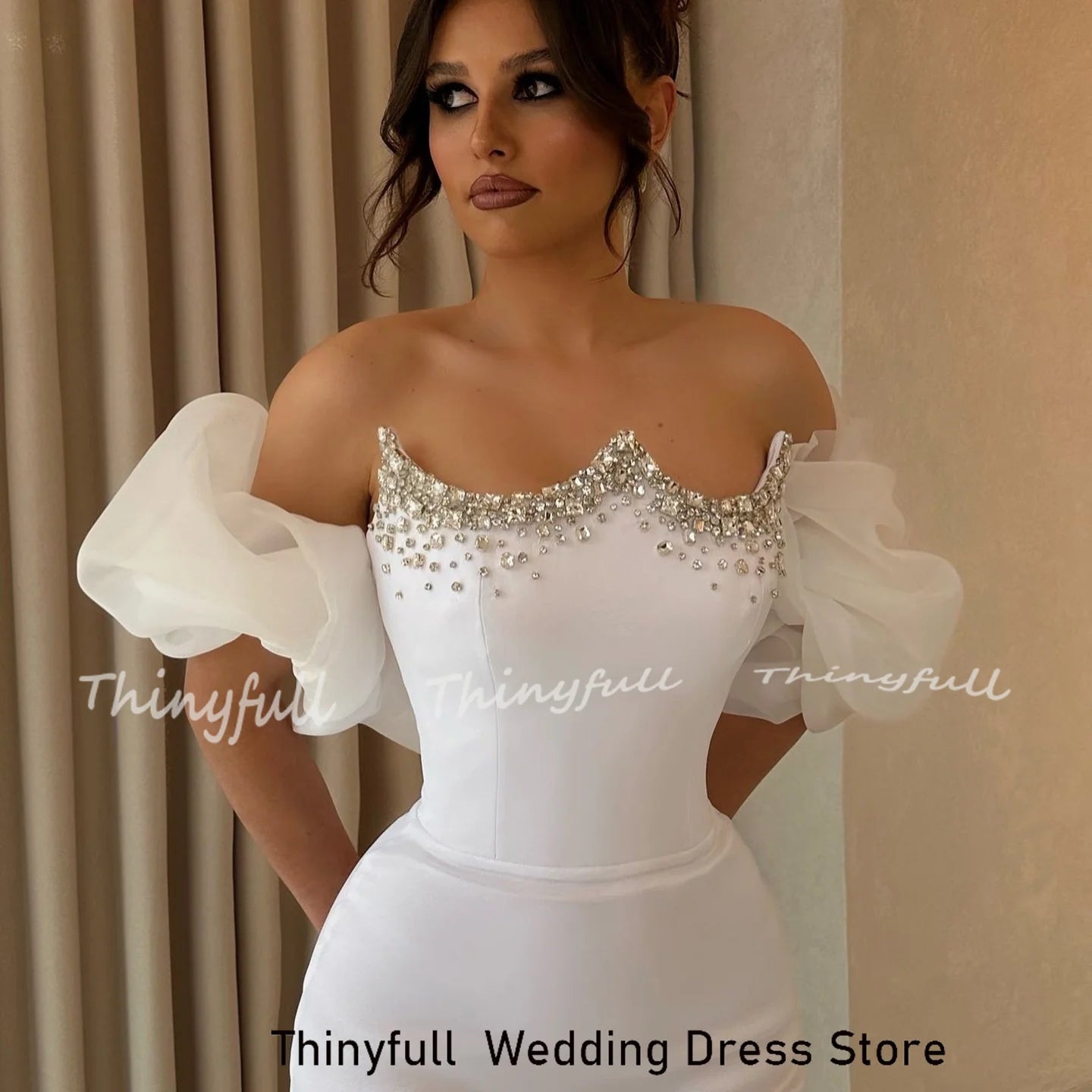 Thinyfull Mermaid Satin Arab Prom Dresses Strapless Sleeveless Crystal Evening Gown Long Formal Dress Robe De Soirée Customized