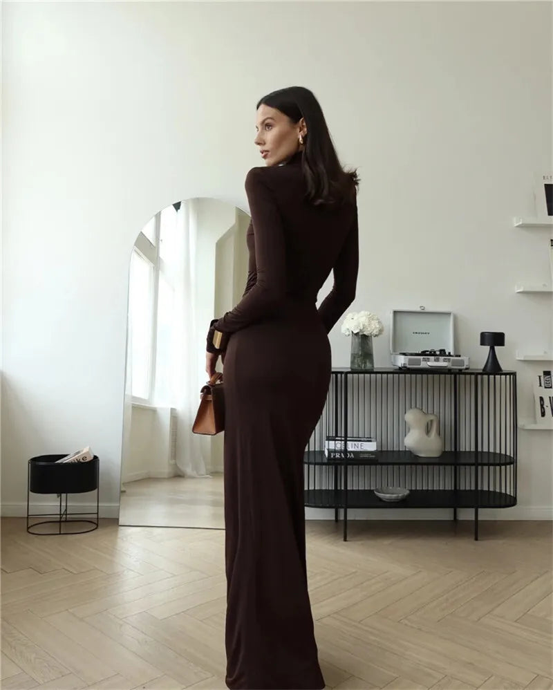 Mozision Rollkragen Oberschenkelhohes Schlitz Sexy Maxikleid für Damen Mode Langarm Drapierte Bandage Bodycon Club Langes Kleid