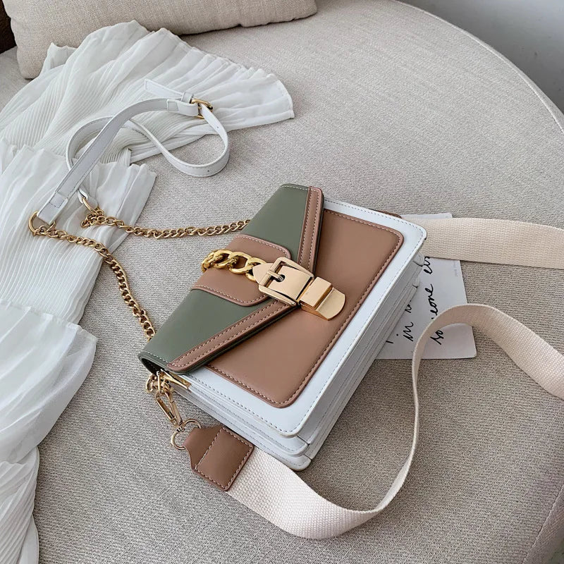 Fashion Women Chain Crossbody Bag Leisure Splice Small Square Shoulder Bag Luxury Design Messenger Bag Travel Purse and Handbag
