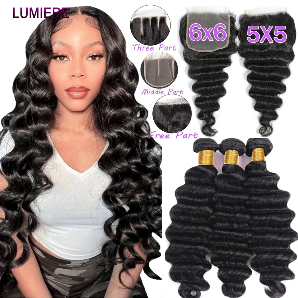 15A Loose Deep Wave Bundle With HD Closure 4X4 5x5 6x6 100% Virgin Brazilian Hair Weave Bundles 3/4 Bundle Deal  8-40" Wholeasle