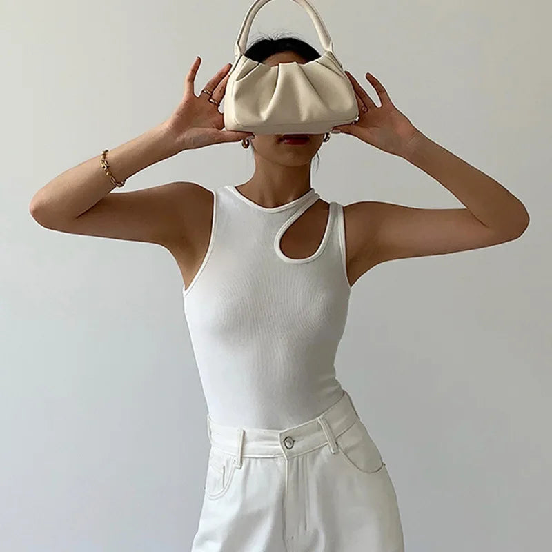 Casual white cut t shirt women round neck sleeveless korean slim t shirts women clothing 2023 summer fashion