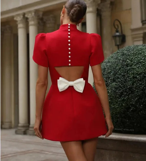 Elegantes Damen Luxus Aushöhlen Rote Schleife Freizeit Minikleid Schleife Abendparty Formelle Kurze Kleider Neu Schwarz Weiß Kleider Street