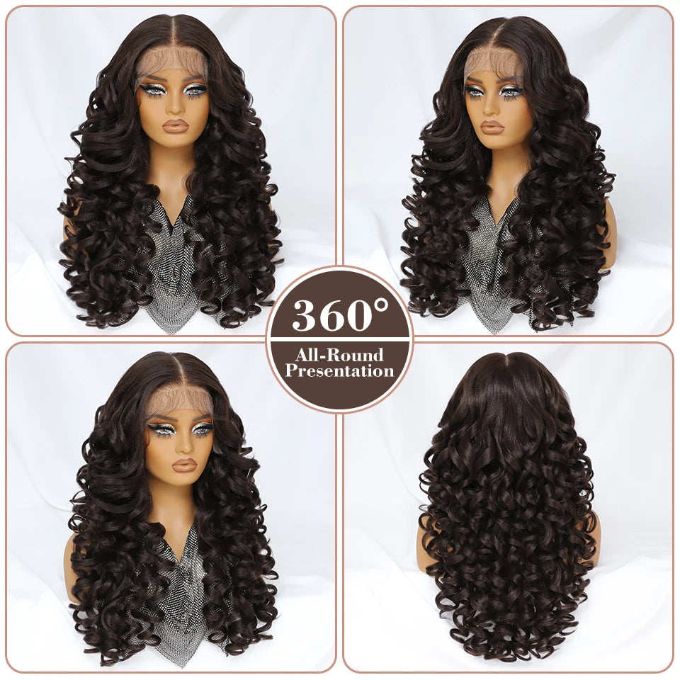 Latisha 13X6 HD Synthetische Spitzenfrontperücke lockig vorgezupfte Lace-Frontal-Perücke mit Pony für Damen, Highlights mit Babyhaar, 24 Zoll