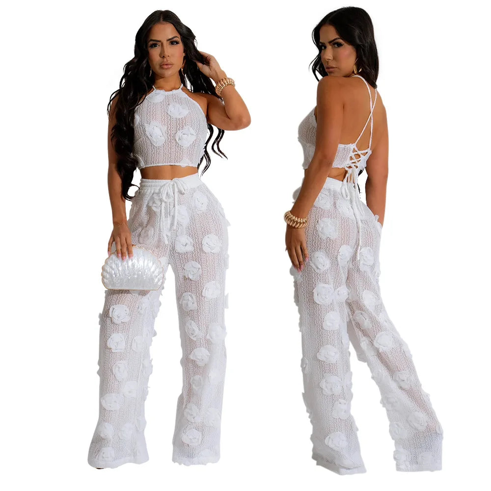 Women Two Piece Pant Sets Sexy Hollow Out Vest Sleeveless Tanks Tops Splice Long Pants Drawstring Streetwear Summer 2025