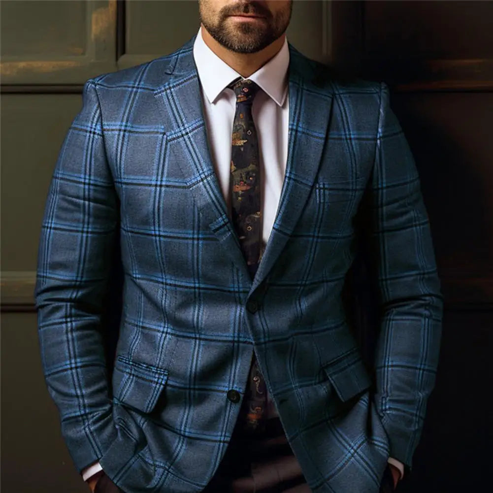 Men Suit Coat Formal Business Style Slim Fit Plaid Print Long Sleeve Single Button Closure Mid Length Straight Cardigan Work Coa
