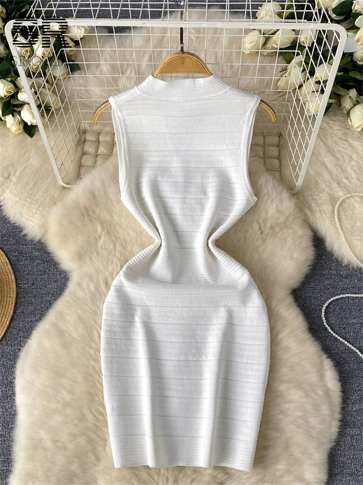 SINGREINY Bodycon Basic Knitting Dress Women Sleeveless V Neck Tank Ladies Elastic Waist Temperament Solid Streetwear Dress