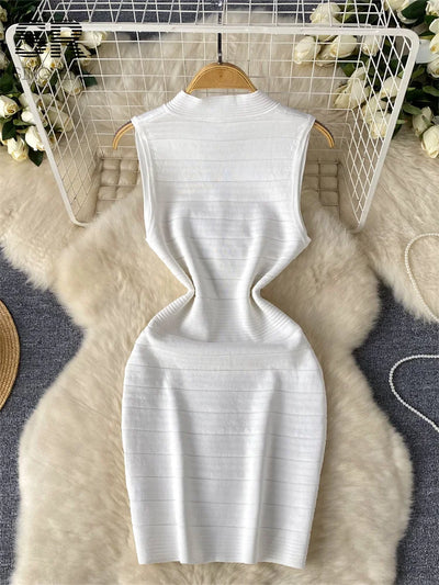SINGREINY Bodycon Basic Knitting Dress Women Sleeveless V Neck Tank Ladies Elastic Waist Temperament Solid Streetwear Dress