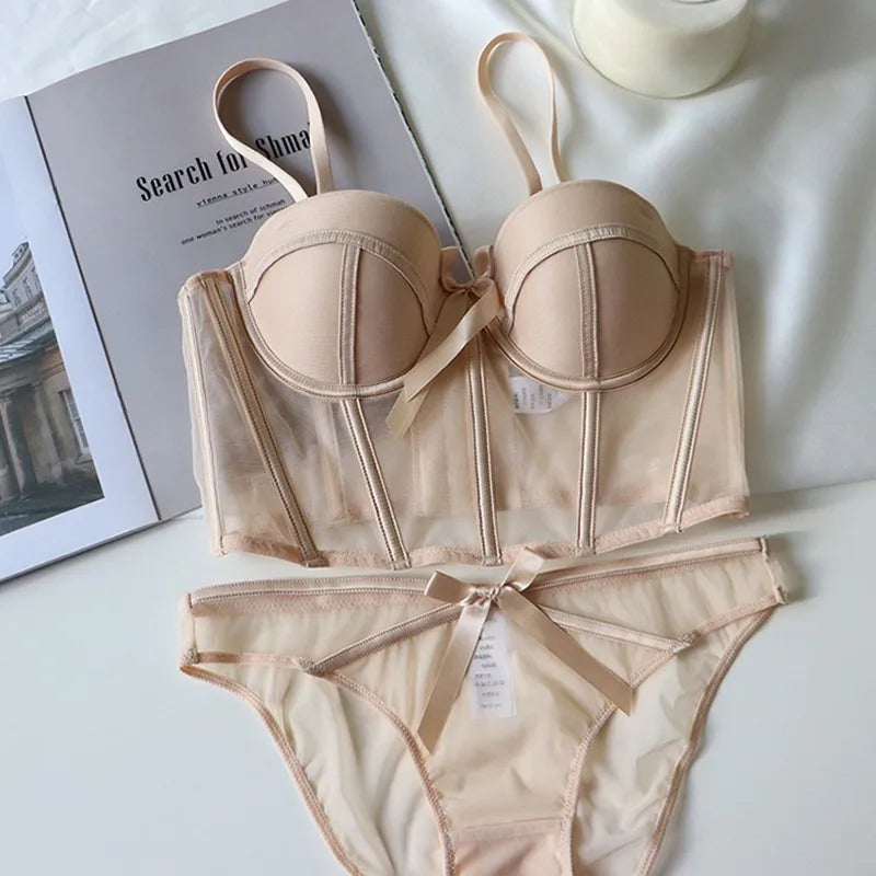 French Ladies Transparent Mesh Corset Sexy Shaper Thin Bra Set Night Club Sweet Cropped Top Girls Hot Bra and Panties Bralette