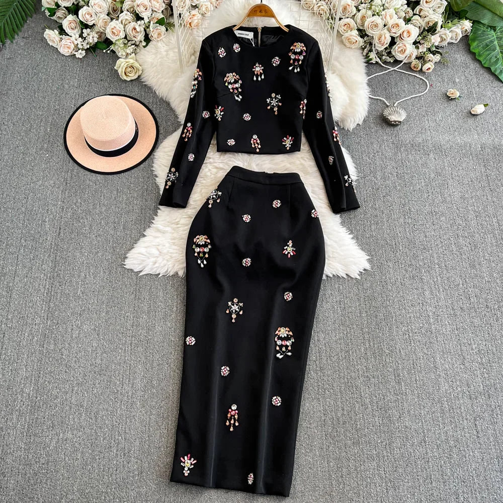 TWOTWINSTYLE Luxury Style Two Piece Set For Women O Neck Long Sleeve Topa High Waist Skinny A Line Skirt Set Female KSE524945