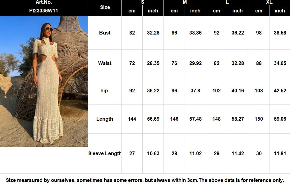 Sexy White Lace Women Dress Turtleneck Tassel Sleeve Slim Naked Waist Hollow Out Long Dress Summer Beach Female Knit Robe